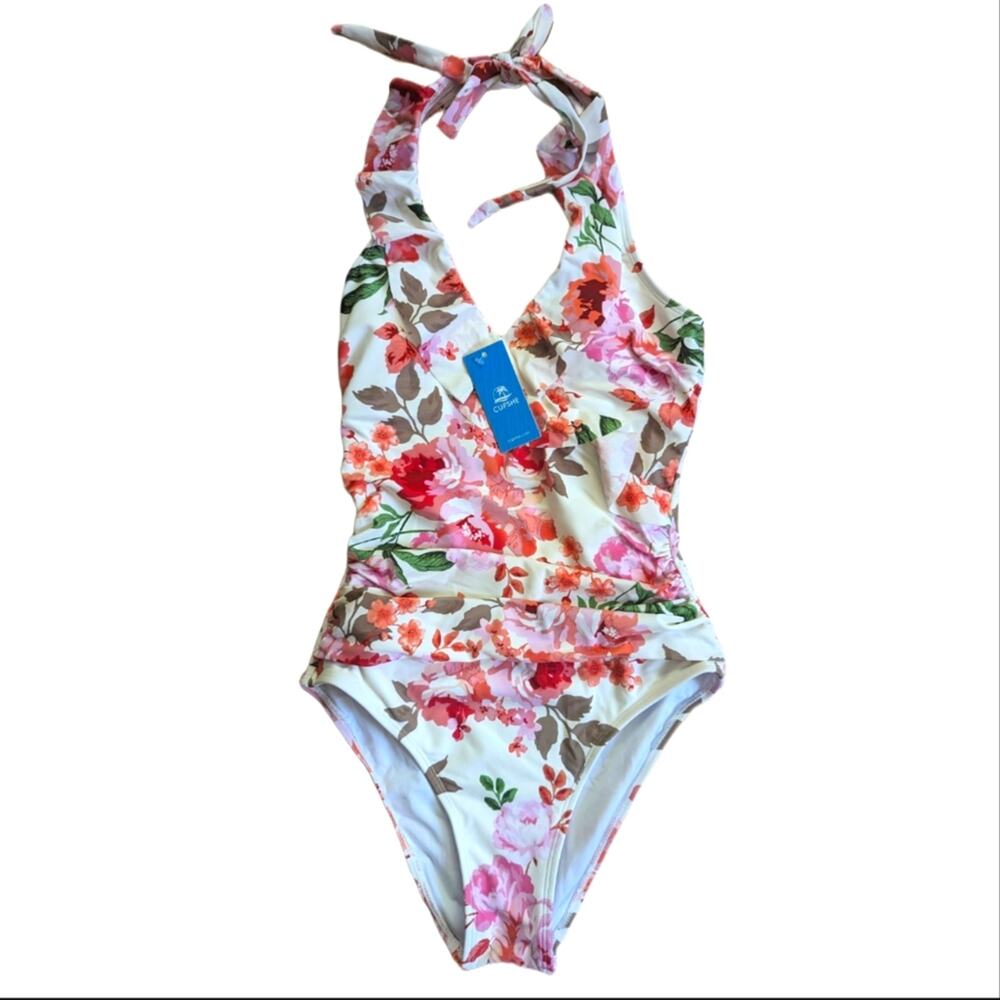 Cupshe Floral Ruched Slimming Tummy Control Ruffle Halter Style Swim Suit NWT